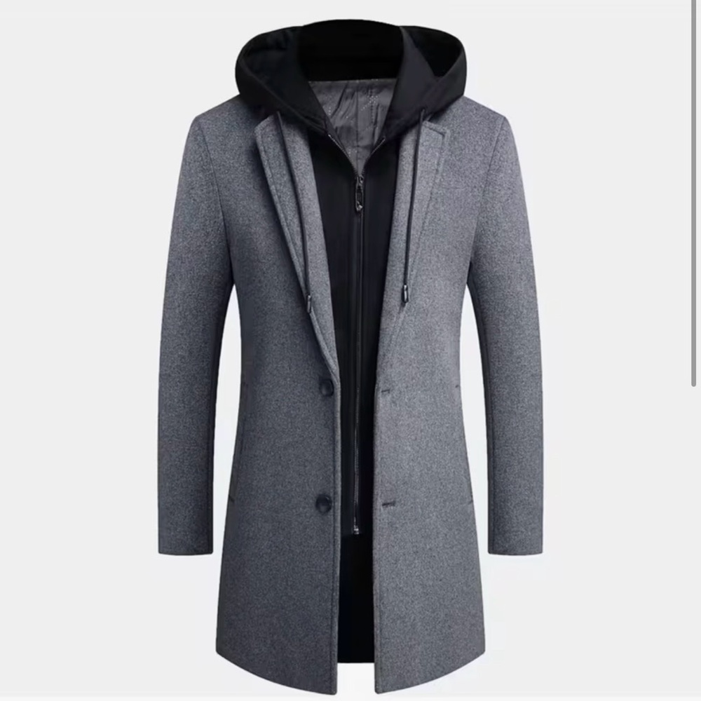 Men's Classic Gray and Black Hooded Pea Coat Sz XL-6XL